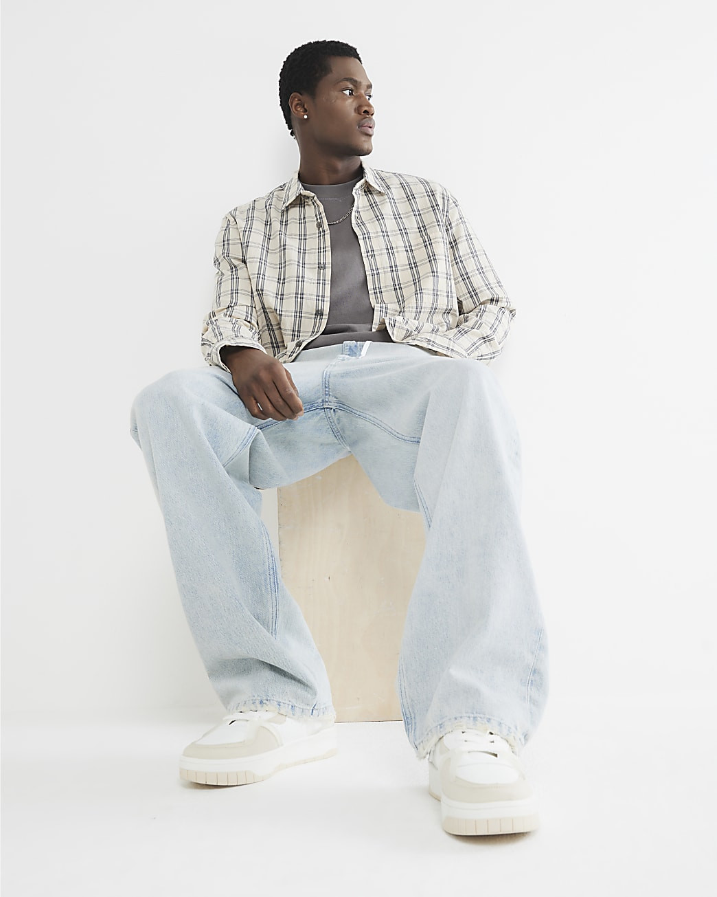 Stone Crepe Long Sleeve Check Shirt | River Island UK & IE