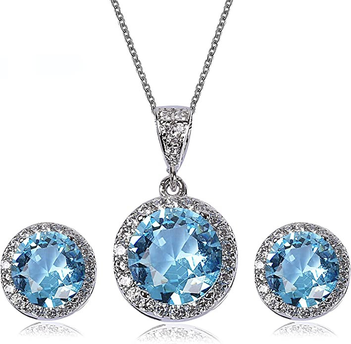 AMYJANE Halo Crystal Jewelry Set - Sterling Silver Round Cubic Zirconia Crystal Bridal Pendant Ne... | Amazon (US)