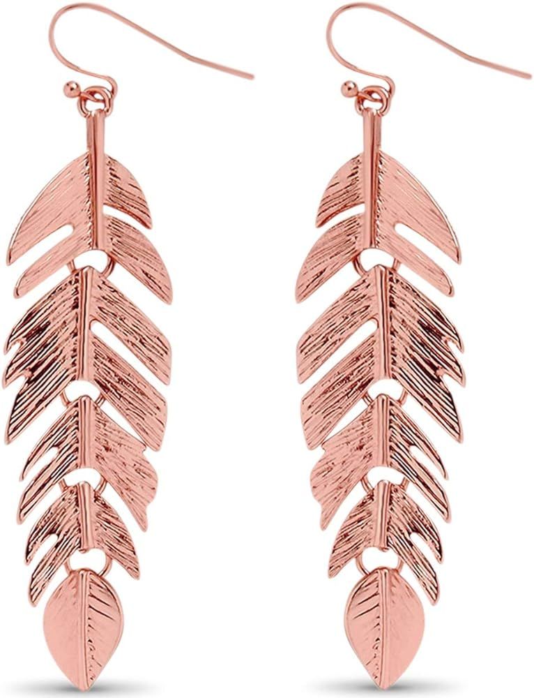 Humble Chic Floating Feathers Dangle Earrings - Long Hanging Metal Link Leaf Drops for Women - Bo... | Amazon (US)