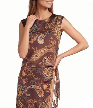 Coordinating Liesel Paisley Satin Jewel Neck Cap Sleeve Blouse | Dillard's