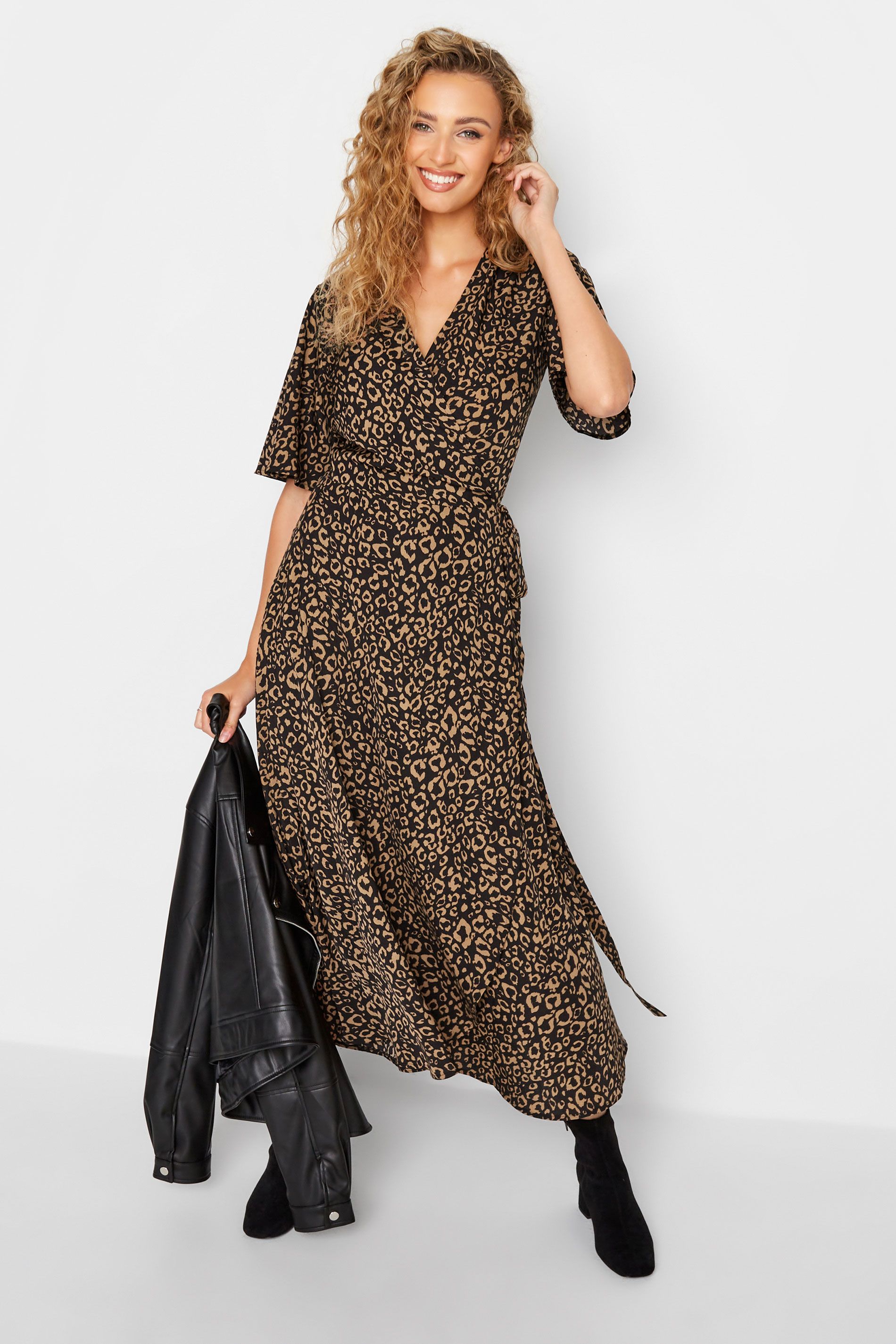 LTS Tall Black Leopard Print Midaxi Wrap Dress | Long Tall Sally