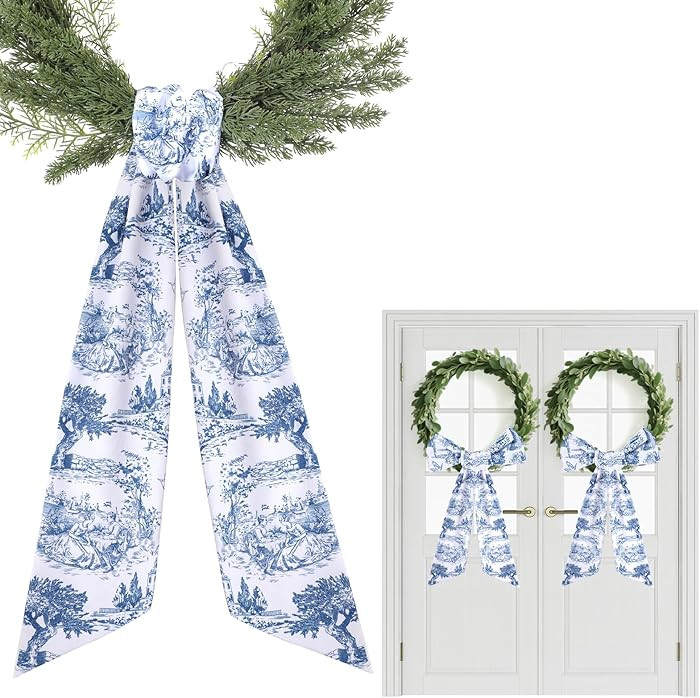 Blue French Toile Sash for Wreaths - 2 Pcs Rustic Wreath Sashes for Front Door Kitchen Cabinet, W... | Amazon (US)