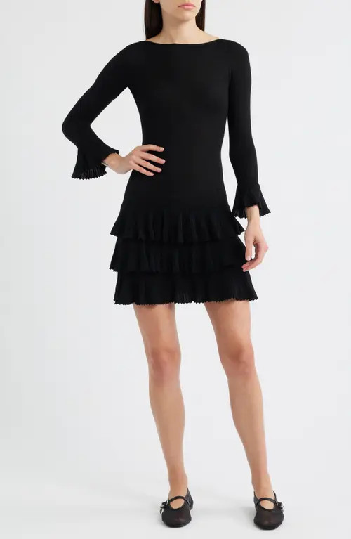 DÔEN Amelina Layered Ruffle Long Sleeve Merino Wool Minidress in Black at Nordstrom, Size Small | Nordstrom