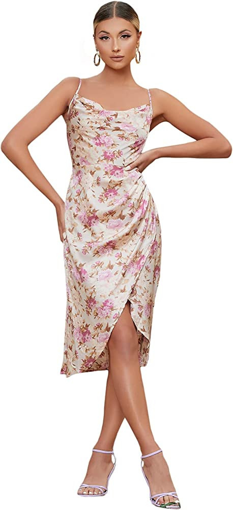 Floerns Women's Floral Print Cowl Neck Ruched Spaghetti Strap Satin Slit Party Dress | Amazon (US)