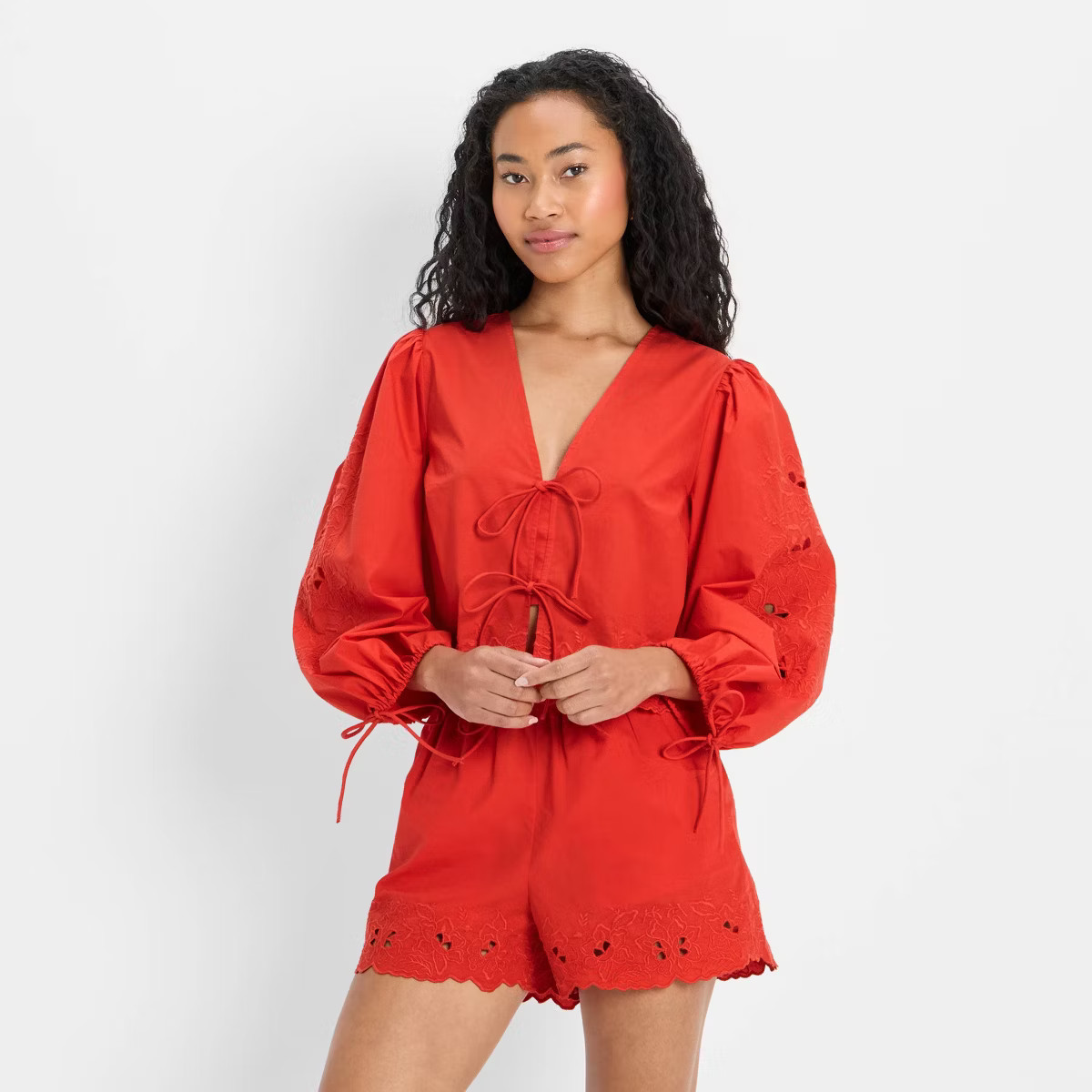 Women's Long Sleeve Eyelet Tie-Front Poplin Blouse - Future Collective | Target