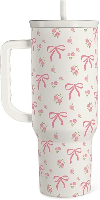 SANDJEST Bow Tumbler with Handle 40oz, Stainless Steel Insulated Tumblers Coffee Travel Cup with ... | Amazon (US)