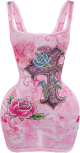 WDIRARA Women's Floral Graphic Rhinestone Bodycon Tank Dress Square Neck Sleeveless Mini Dresses | Amazon (US)