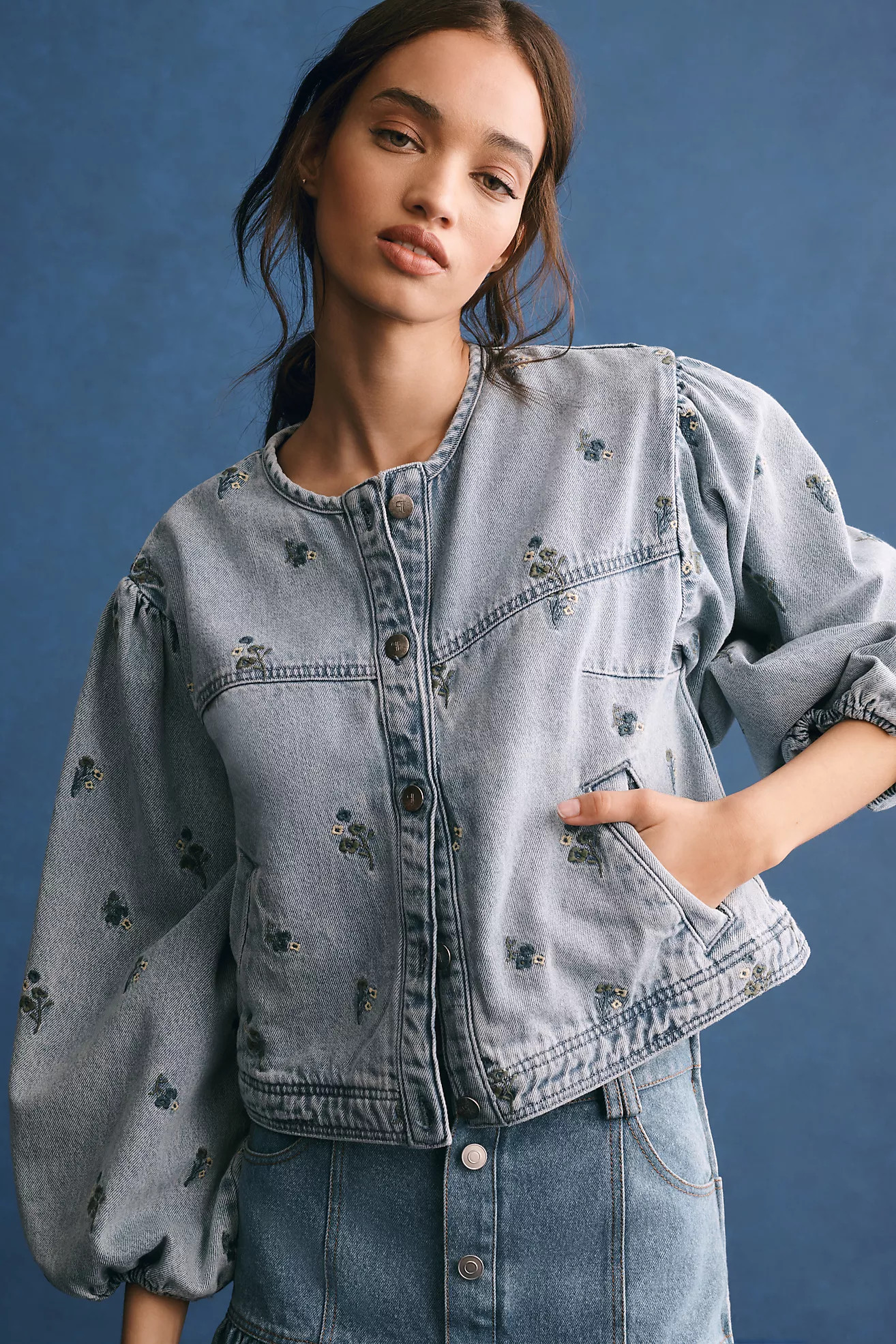 Pilcro Collarless Embroidered Denim Swing Jacket | Anthropologie (US)