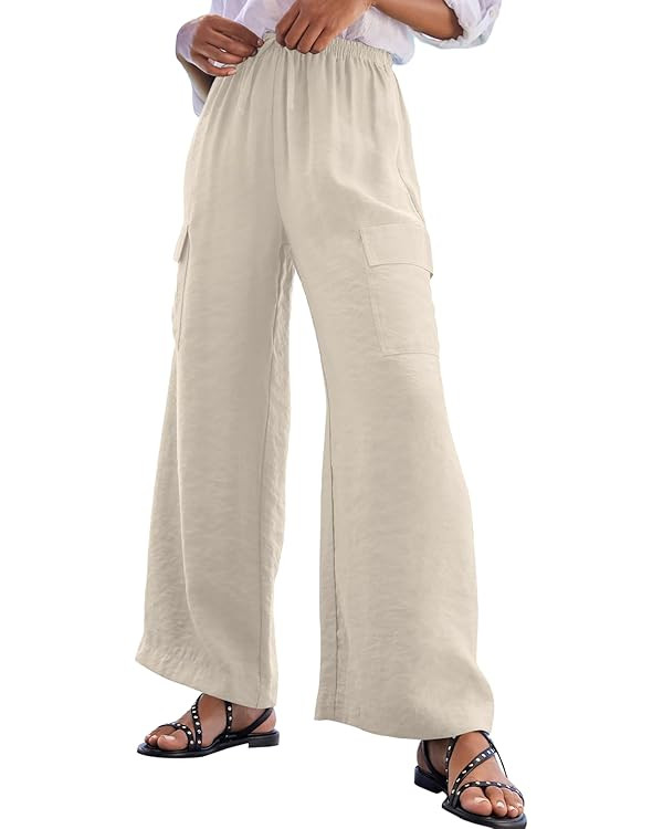 EVALESS Womens Wide Leg Loose Pants Summer Casual High Waisted Flowy Beach Trousers with Pockets ... | Amazon (US)