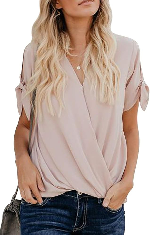 Womens Casual Summer Tie Sleeve Wrap V Neck Chiffon Blouses Tops Shirts | Amazon (US)