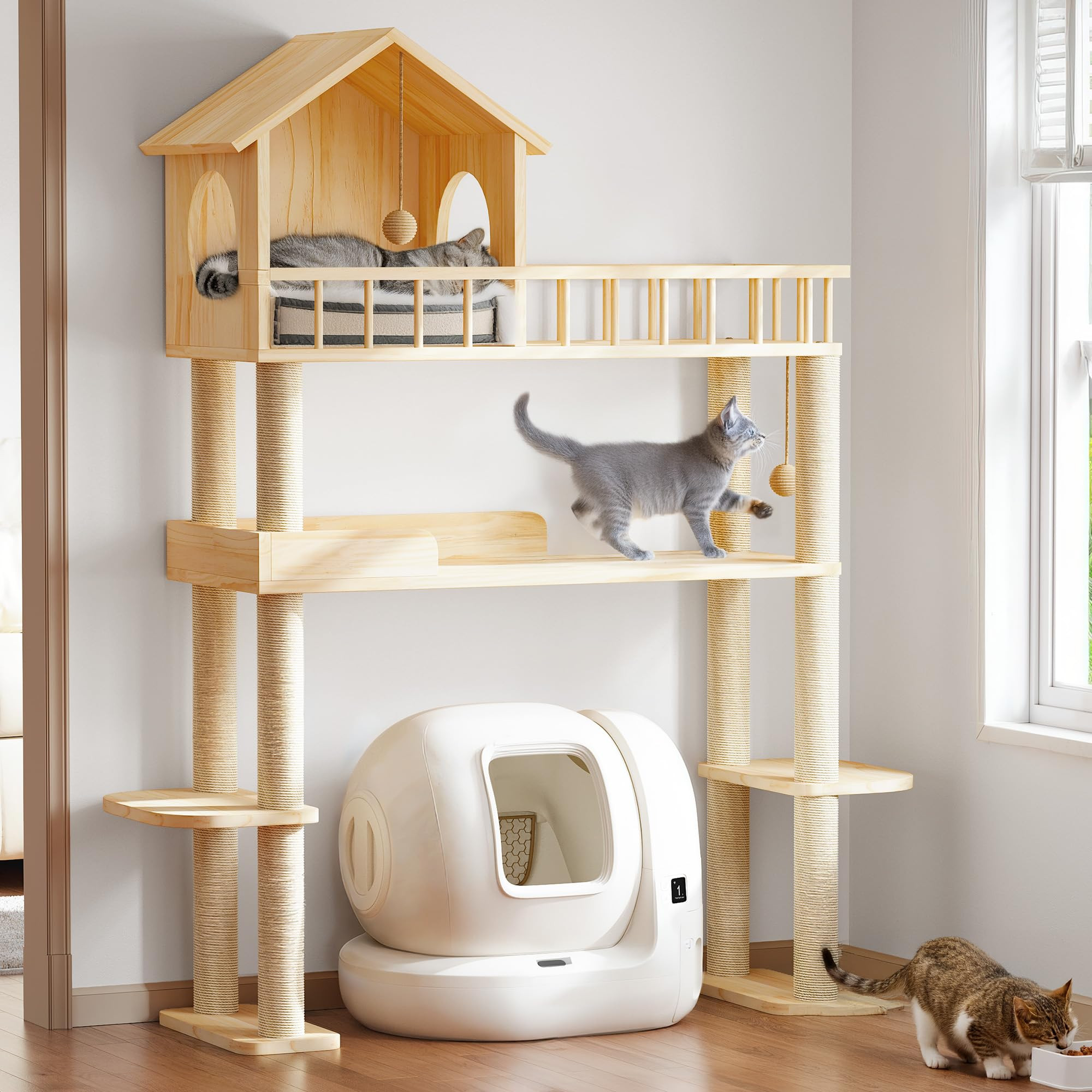 Wood Cat Tower for Automatic Litter Box, 60.2" H Tall Cat Tree for Self Cleaning Litter Box, Mult... | Amazon (US)