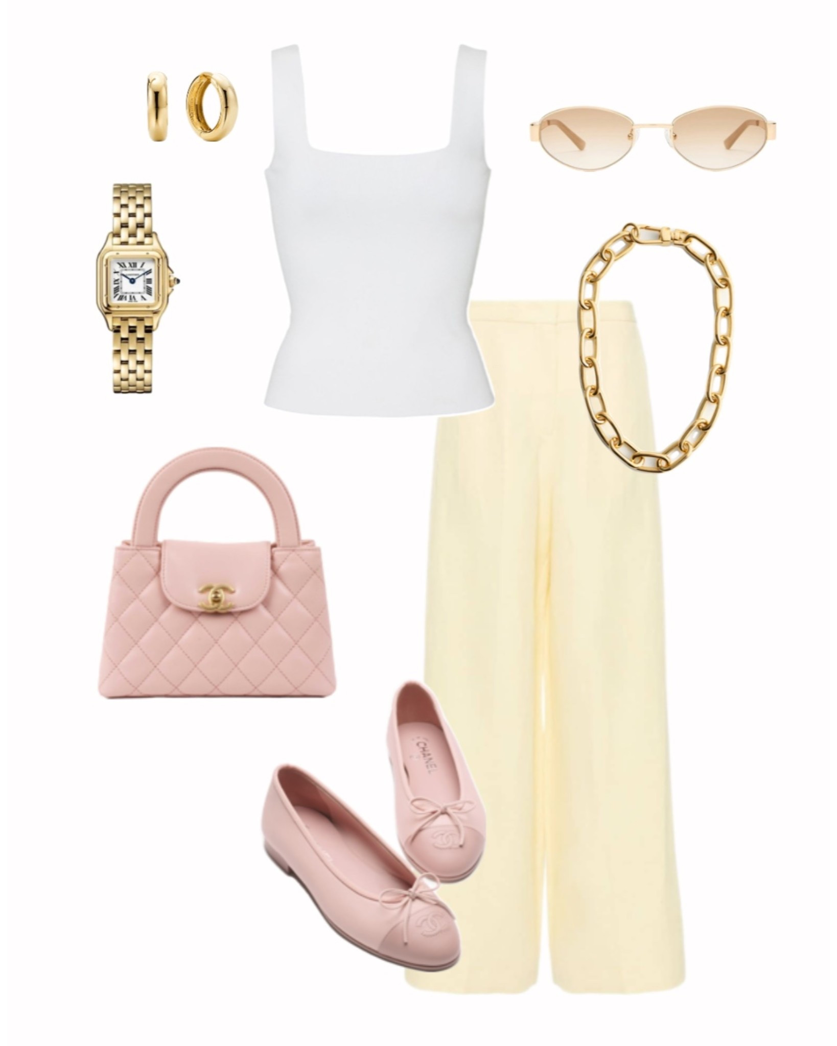 White Tank + Butter Yellow Pants

White square neck tank, butter yellow wide leg pants, blush ballet flats, pink quilted handbag, gold hoop earrings, gold chain necklace, gold watch, neutral sunglasses, spring outfit idea, Parisian inspired outfit, feminine neutral style, chic everyday look, Europe vacation outfit, brunch outfit idea, capsule wardrobe staple, soft color palette, elevated basics