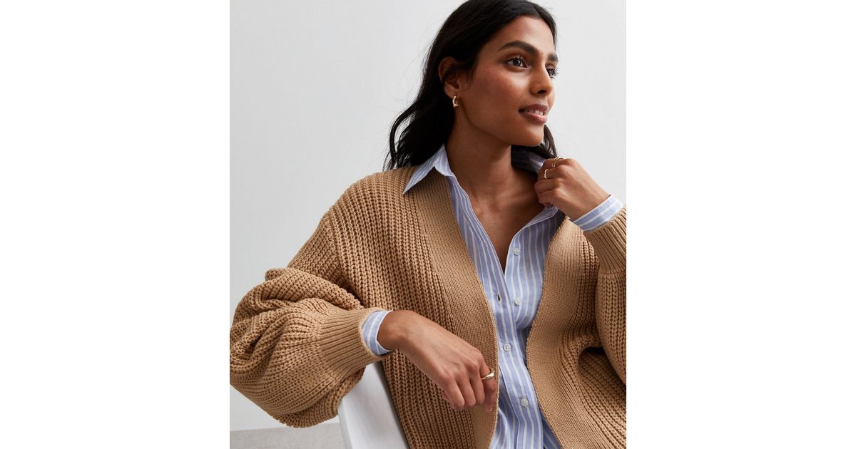 Camel Stitch Knit Balloon Sleeve Cardigan 
						
						Add to Saved Items
						Remove from Save... | New Look (UK)