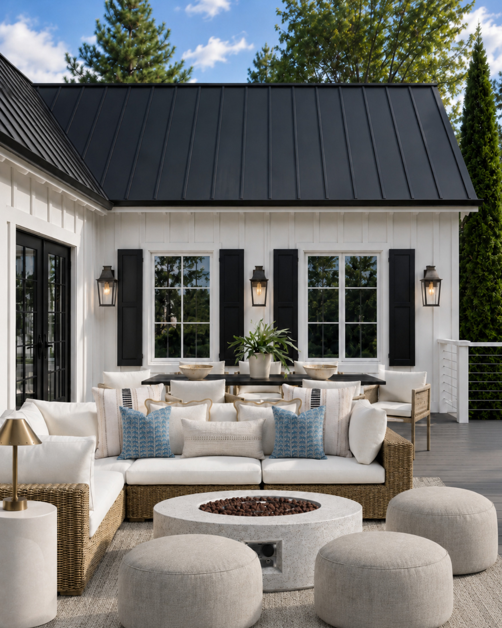 Elevated outdoor living, but make it easy and livable. I love how the crisp black-and-white exterior pairs with woven textures, soft white cushions, oversized poufs, and a little pop of blue for that relaxed coastal feel. The round fire pit keeps the seating area grounded, while the layered pillows and neutral rug make the whole patio feel polished without trying too hard.

Perfect for summer evenings, casual hosting, and making your outdoor space feel like an extension of your home.

I may receive a commission when you shop through my links.
Shop the look on my LTK. 

 #LTKHome
