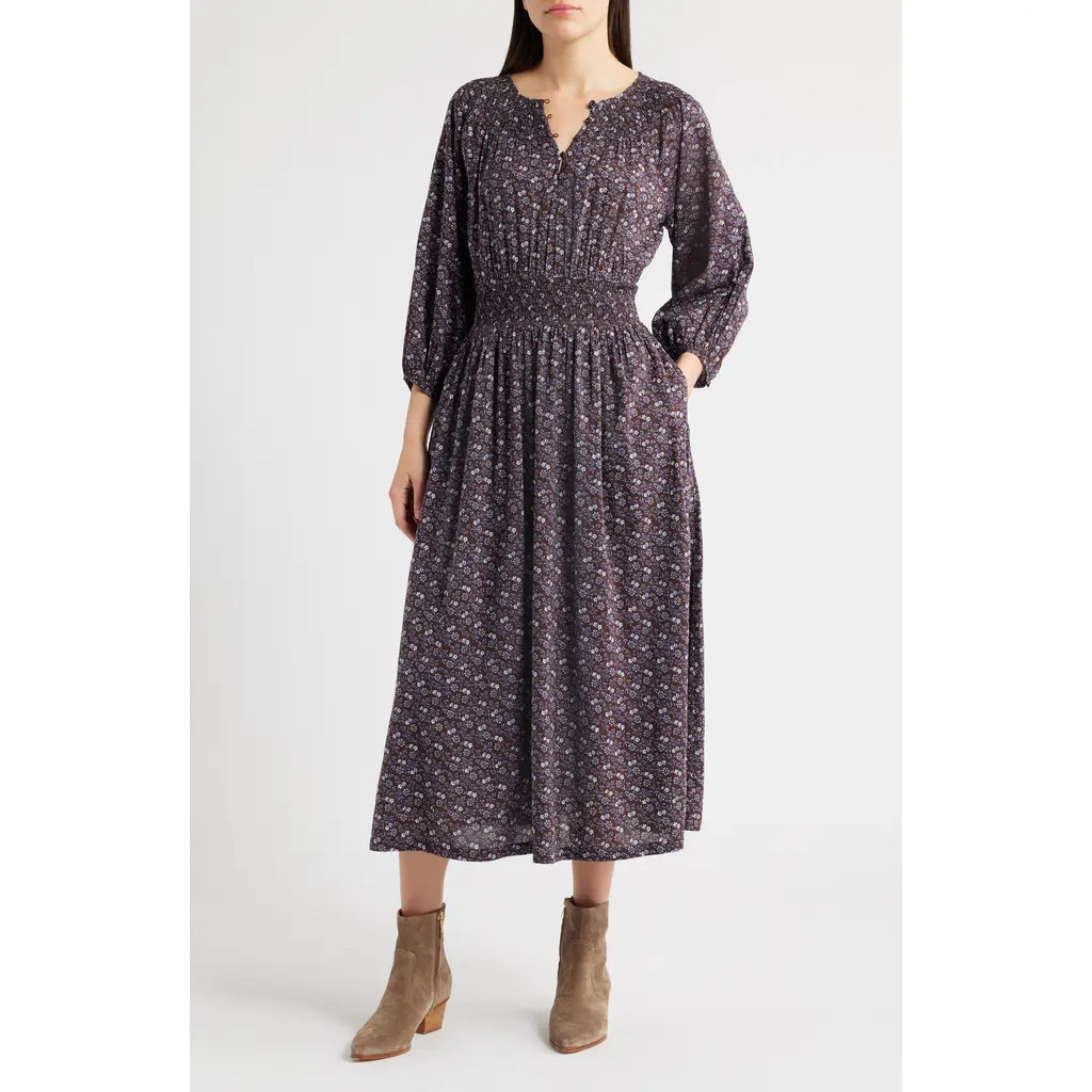 Madewell Shirred Splitneck Floral Midi Dress in Chocolate Raisin at Nordstrom Rack, Size Xx-Small | Nordstrom Rack