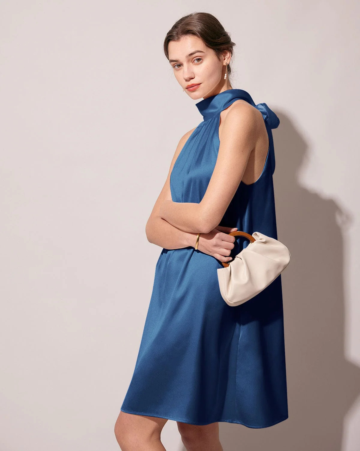 The Navy Halter Satin A-line Mini Dress | rihoas.com