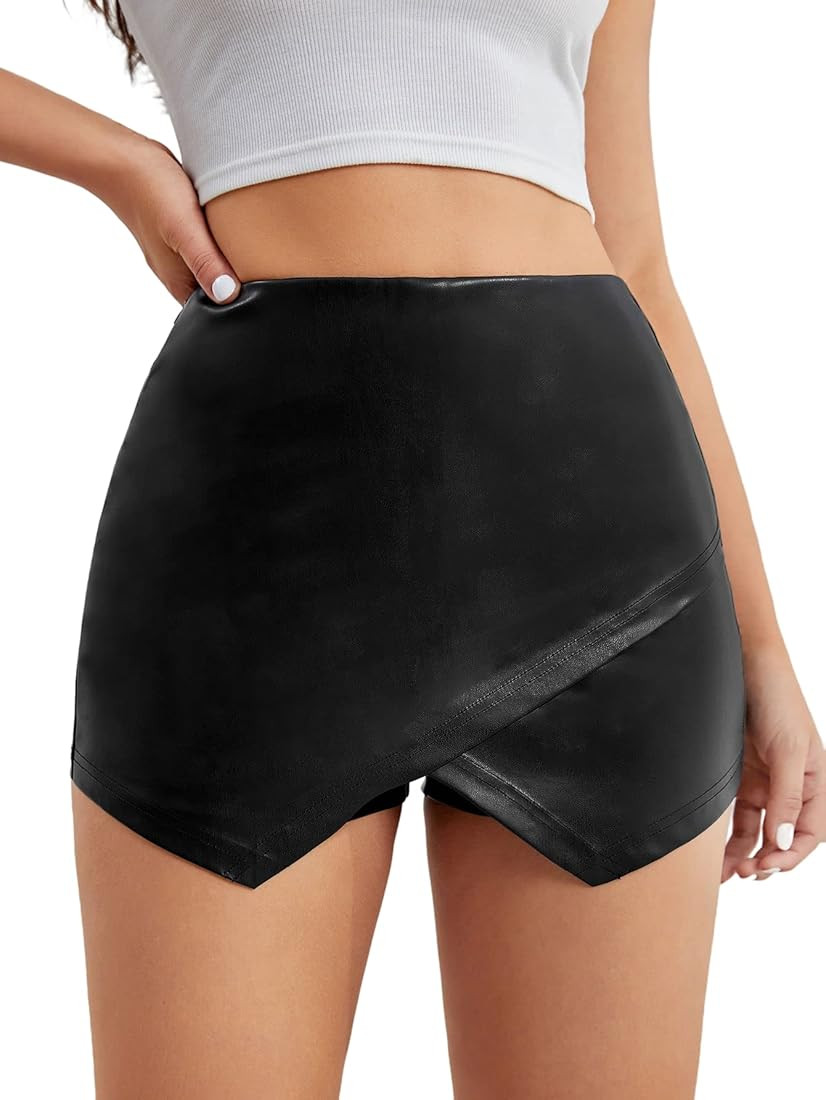 WDIRARA Women's Asymmetrical Hem PU Leather Skinny Skort Party Skirt Shorts | Amazon (US)