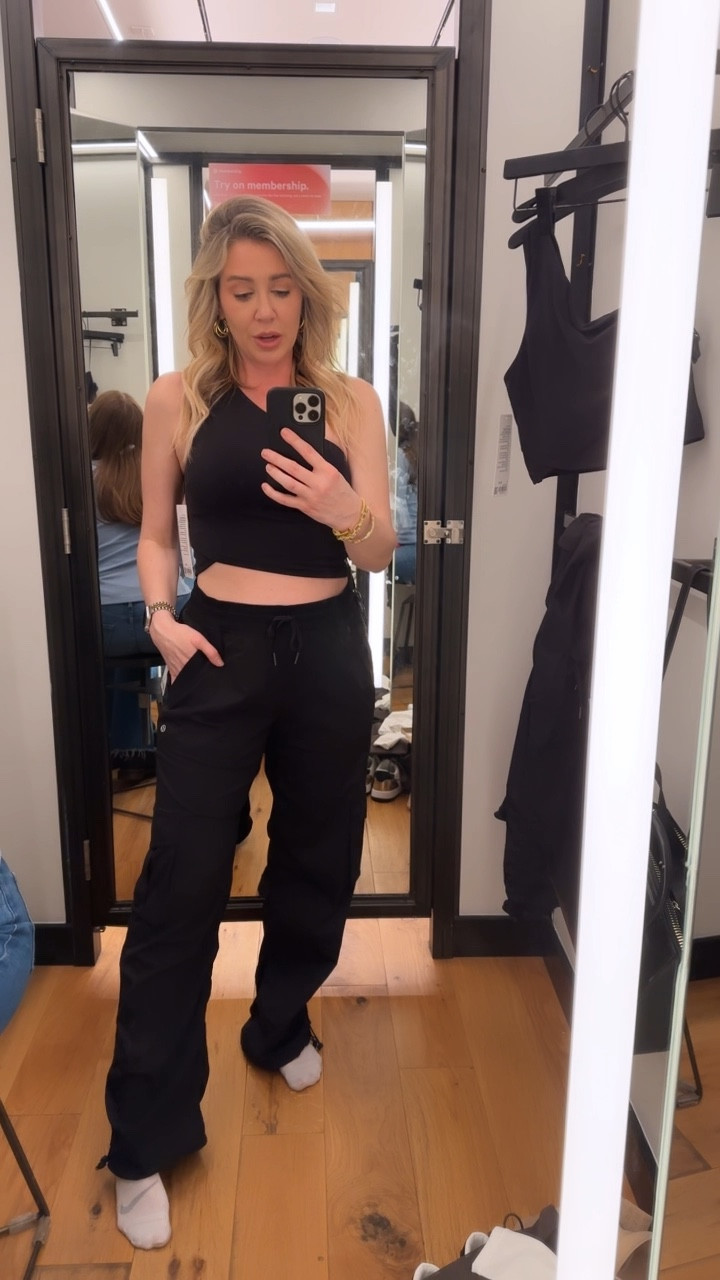 Loving these pants and bra tank from Lululemon. The pants are a relaxed fit. I’m wearing my true size medium. For a slimmer fit you can size down. I’m wearing an 8 in the tank. It has a built in bra that has medium support  

Ordering the matching jacket in mediumm

#LTKfitness #LTKVideo