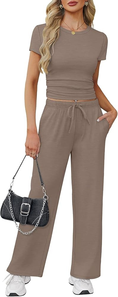 WIHOLL Lounge Sets for Women 2 Piece Vacation Outfits Short Sleeve Tops with Side Ruched Wide Leg... | Amazon (US)