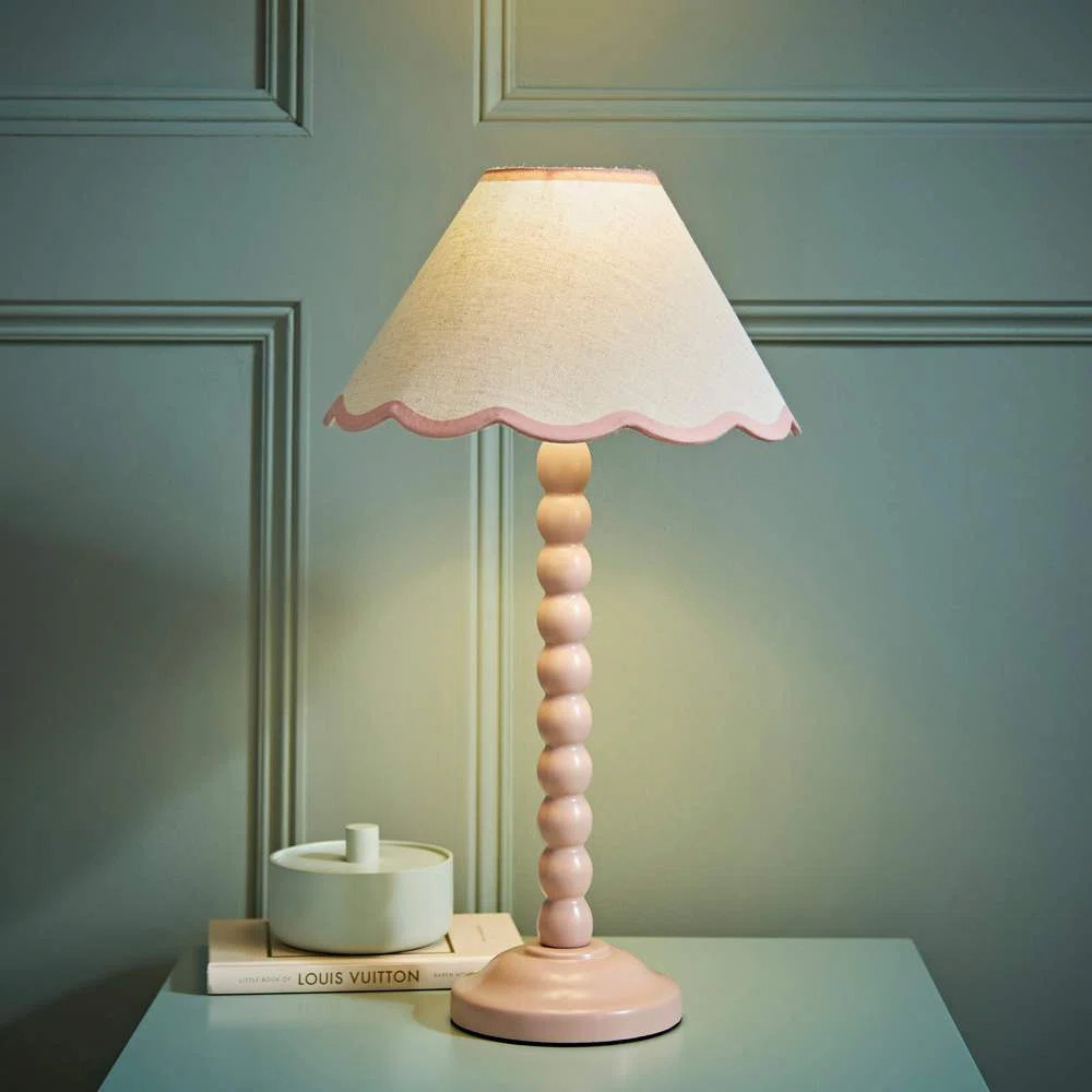 Nephi Bobbins Painted Table Lamp with Tapered Natural Linen Trim Scallop Shade | Wayfair UK
