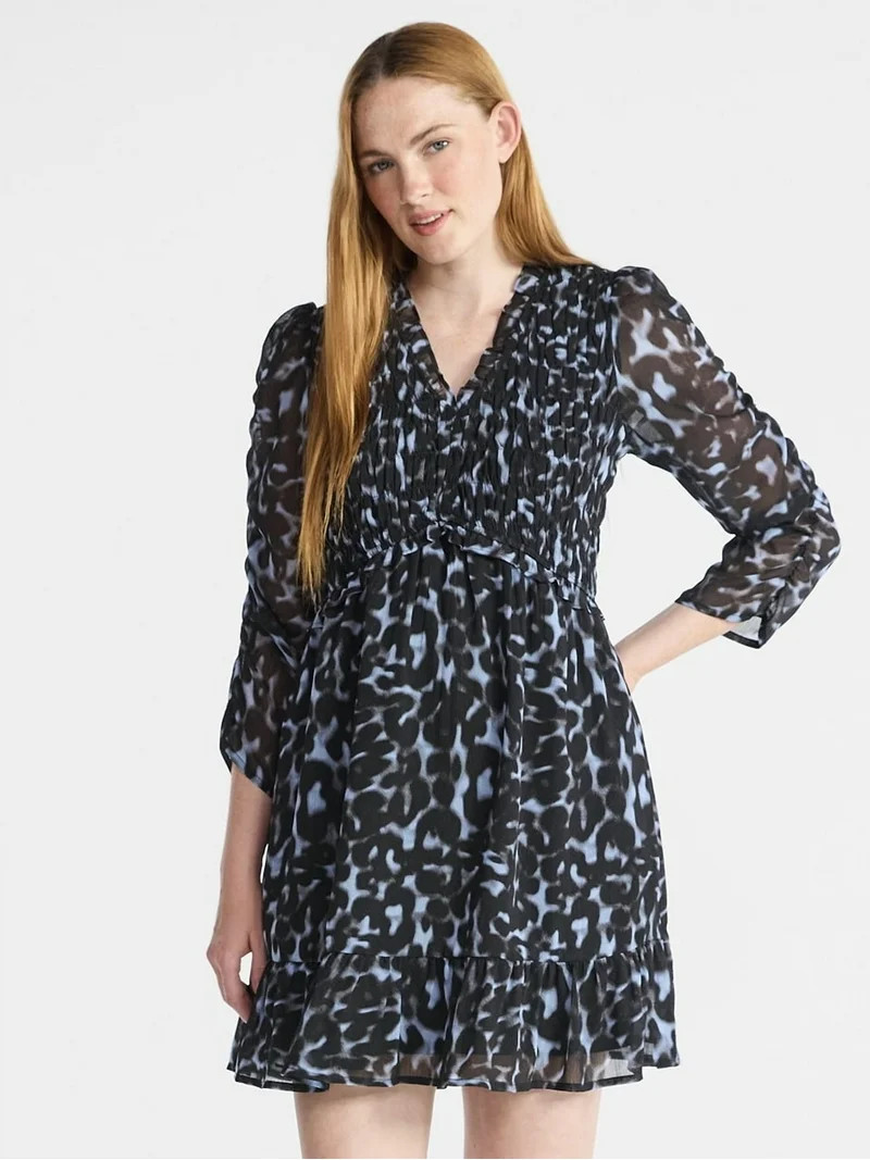 Time and Tru Women's Smocked Chiffon Mini Dress with Long Sleeves, Sizes XS-XXXL | Walmart (US)