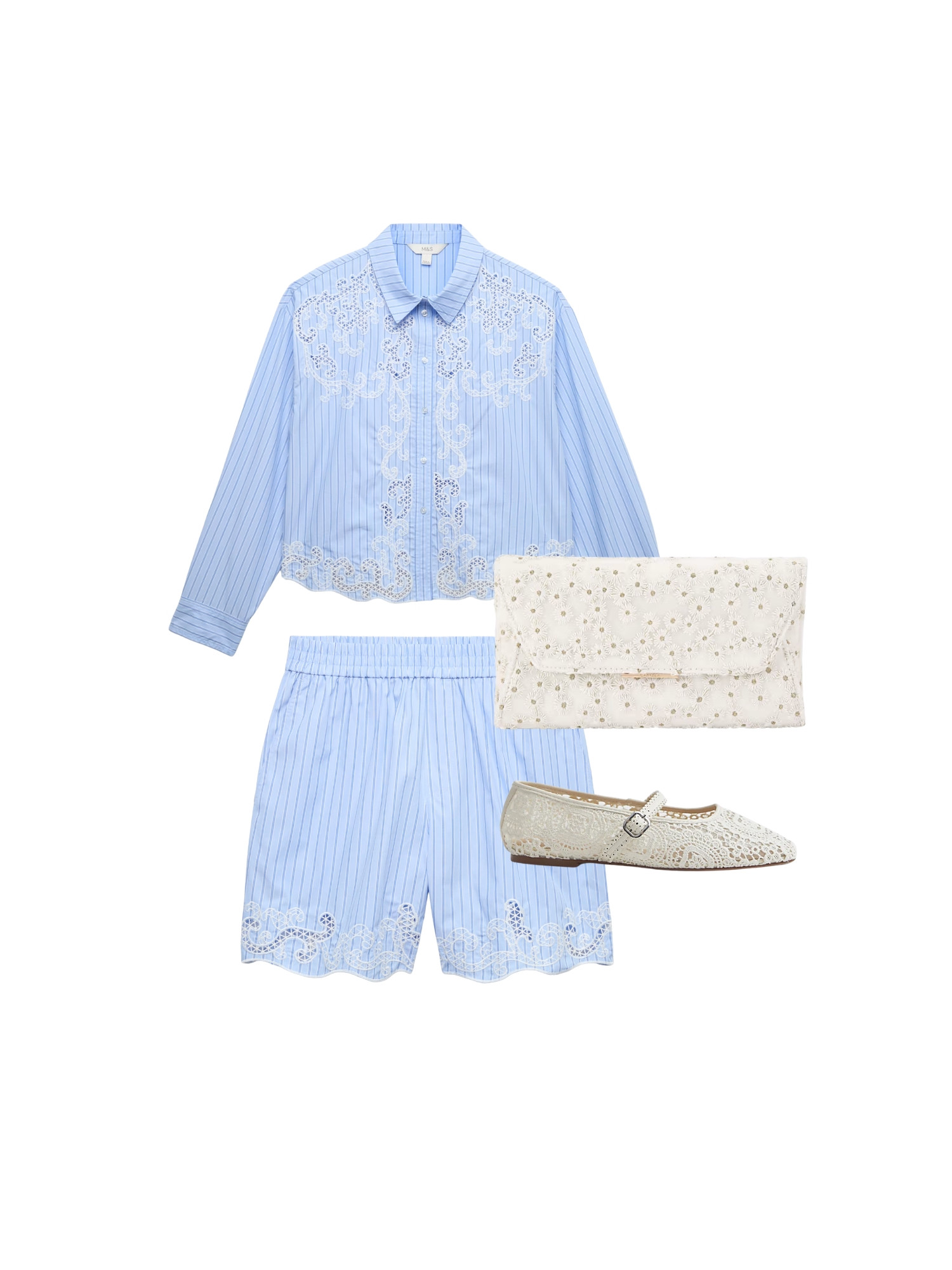 Something blue, spring outfit inspo that's a little bit dressier. Embroidered stripe shirt and shorts with mesh ballet flats 

 #LTKspring #LTKstyletip