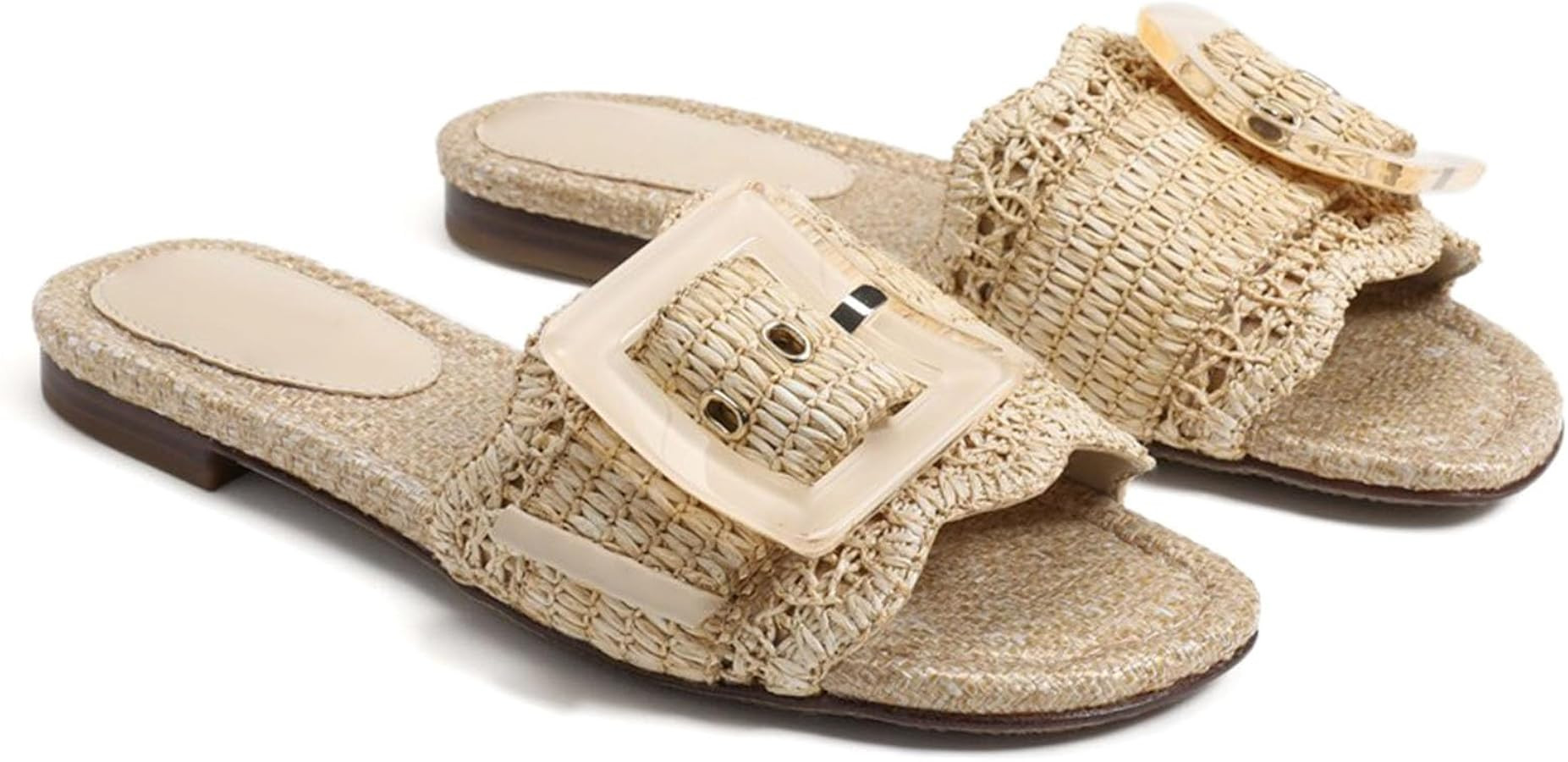 Raffia Sandals for Women Buckle Straw flats Woven Braided Rattan Slides Summer Beach Sandals Comf... | Amazon (US)