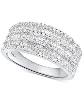 Diamond Round & Baguette Multirow Statement Ring (1 ct. t.w.) in Sterling Silver - Macy's | Macy's