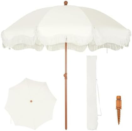 7ft Fringe Beach Umbrella with Sand Anchor Outdoor Patio, UPF 50+, White | Amazon (US)