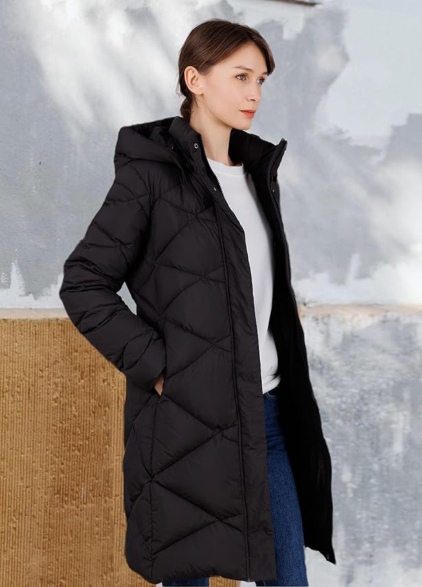iDomosee Women's Winter Hooded Down Jacket Mid Length Warm Packable Down Jacket Thickened Long Down  | Amazon (US)