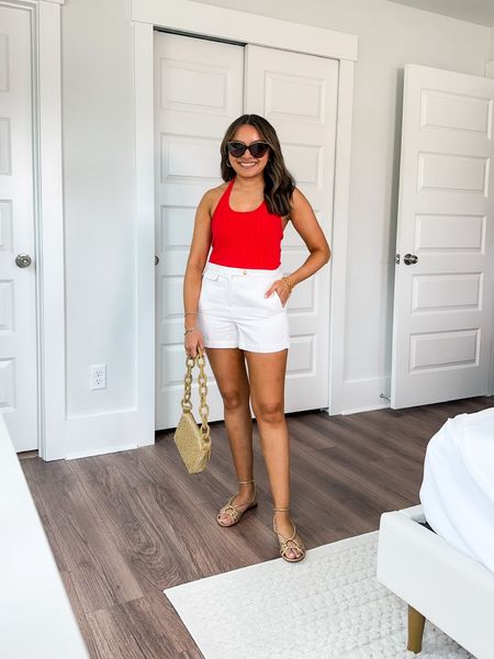 Red Halter Top-Size XXS TTS
White Shorts-Size 2 Runs Snug In The Waist
Gold Sandals Size 5 TTS

Summer outfit
Weekend outfit 
Spring outfit
Lunch outfit
Brunch outfit

#LTKStyleTip #LTKSeasonal #LTKFindsUnder100