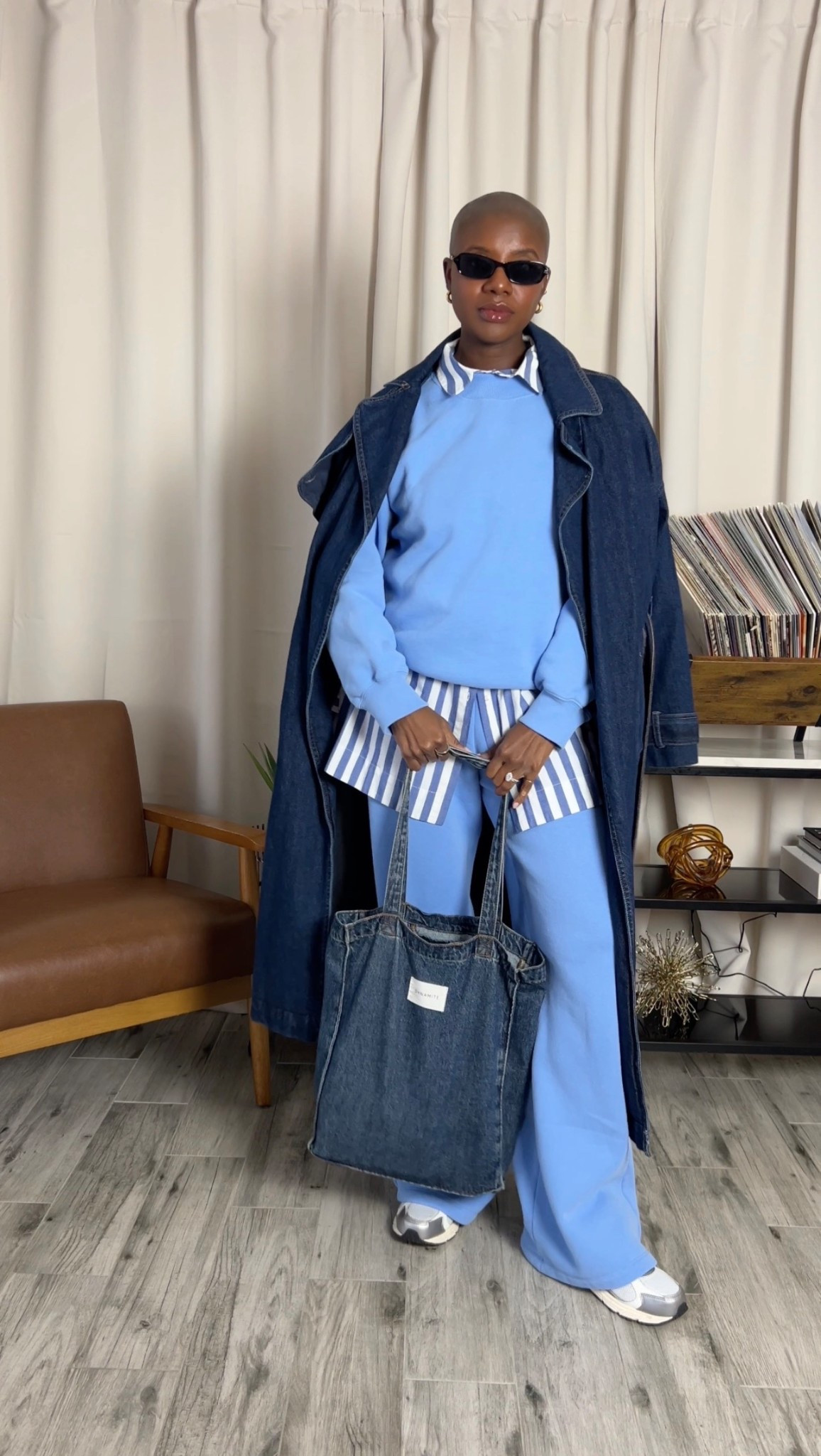 This is how you wear sweat sets in a chic way! Wide leg @abercrombie sweats & crew neck, denim trench coat, @DSW new balance 408 sneakers! 

#LTKgrwm