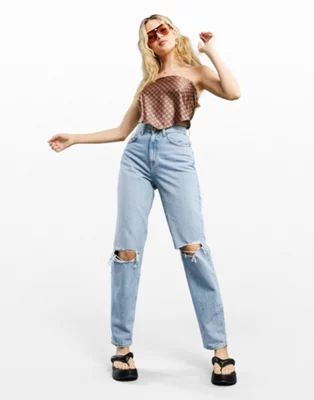 ASOS DESIGN high rise 'slouchy' mom jeans in stonewash with rips | ASOS (Global)