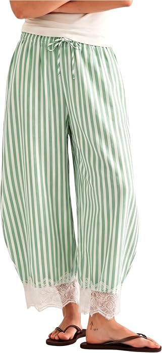 MINSURE Women's Striped Lace-Hem Capri Pants Casual Summer Wide Leg Cropped Palazzo Trousers with... | Amazon (US)