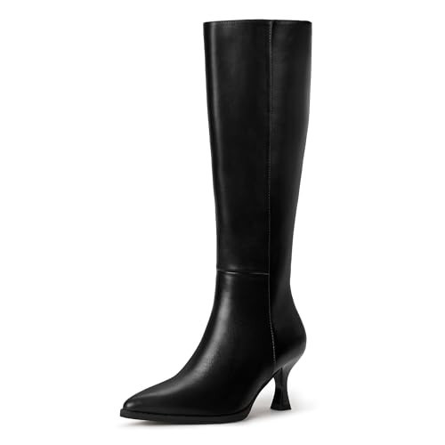 IDIFU Women's Black Knee High Tall Boots Gogo Pointed Toe Low Kitten Heel Long Fall Boot Side Zipper for Women Ladies Dress Dressy Office Evening Fashion Small Heeled Boots(Black Pu, 9) | Amazon (US)