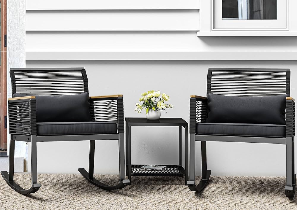 YITAHOME 3-Piece Patio Wicker Rocking Chair Outdoor Conversation Bistro Set with Wood Armrest and... | Amazon (US)