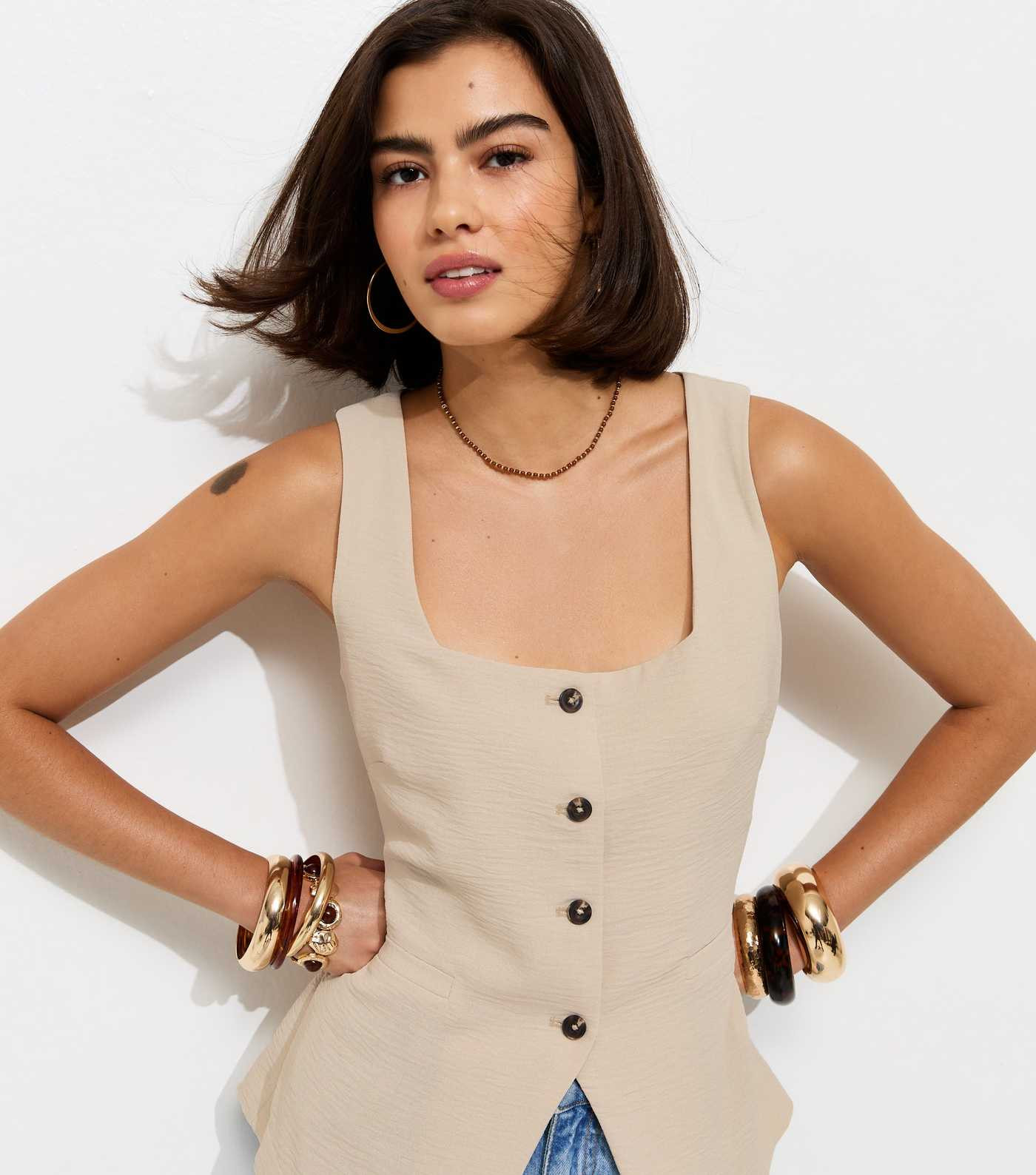 Stone Square Neck Button Down Waistcoat | New Look | New Look (UK)