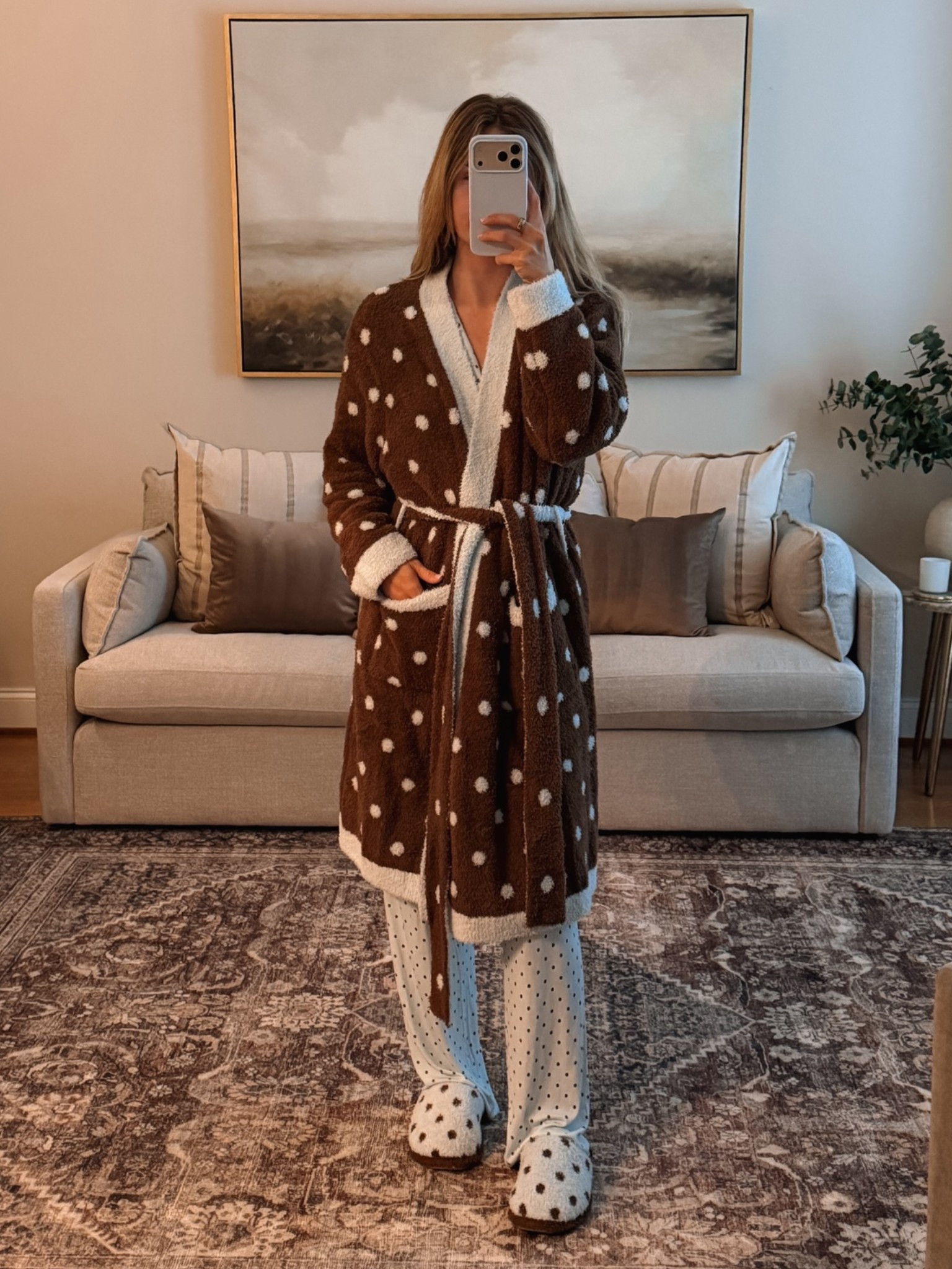Wearing my staycation by Krista Horton polkadot robe and matching blue and brown polkadot pajamas with their matching polkadot slippers! ￼ Perfect matching sets going into fall and the holidays for matching PJ sets as gifts or for the FAMILY from Krista Horton’s line this season!! ￼