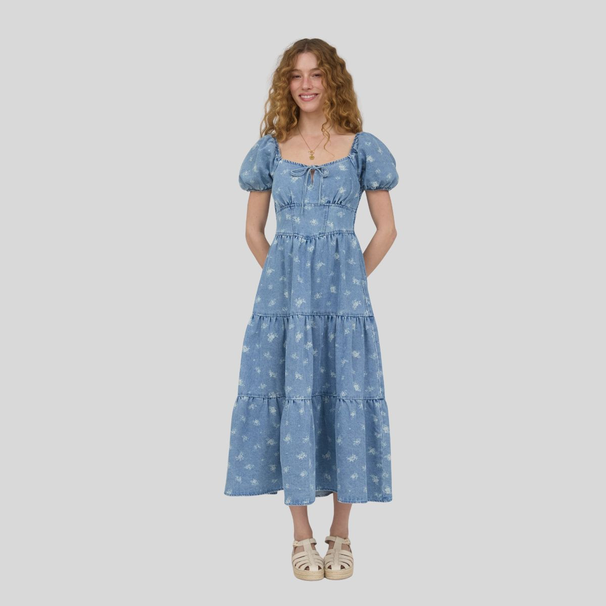 August Sky Puff Sleeve Denim Midi Dress RD4100_DENIM BLUE_M | Target
