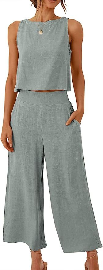 Prinbara Women's Summer Casual 2 Piece Outfits Round Neck Crop Basic Top Cropped Wide Leg Pants J... | Amazon (US)