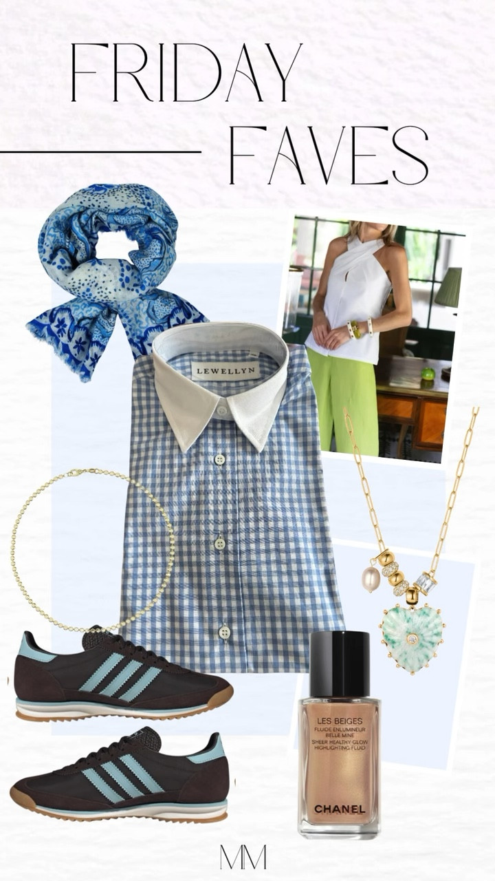 Friday Faves you’ll actually wear on repeat. This blue and white moment is giving effortless chic with a polished twist. The gingham button down is a closet staple and pairs perfectly with the silk scarf for an elevated everyday look. Styled with classic Adidas sneakers, delicate gold jewelry, and a Chanel glow essential for that fresh skin finish. Easy, wearable, and timeless.

Perfect for casual outfits, everyday style, spring outfits, travel looks, and elevated basics.

[gingham shirt outfit, silk scarf outfit, adidas sneakers women, casual chic outfit, everyday outfit ideas, gold jewelry layering, chanel les beiges, spring outfit inspo]

#LTKMothersDay #LTKOver40