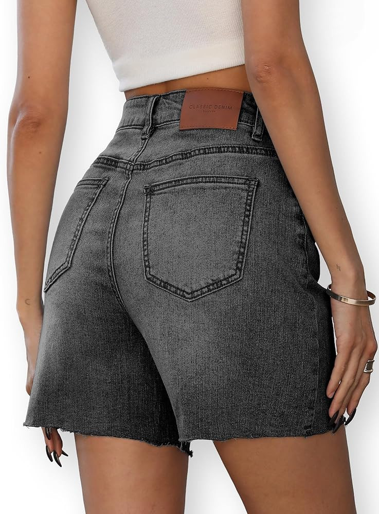 ELLEVEN Women's Raw Hem Jean Shorts, Wide Straight Leg Mom Denim Shorts | Amazon (US)