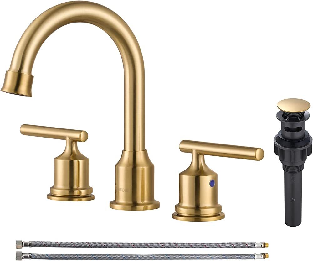WOWOW Gold Bathroom Faucet 3 Hole Bathroom Sink Faucet Widespread Vanity Faucet 2 Handle Brass Ba... | Amazon (US)