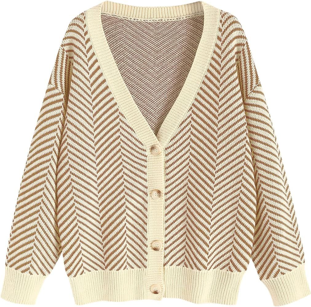 ZAFUL Women's Striped Cardigan Long Sleeve Button Up Open Front Knit Oversized Sweater | Amazon (US)
