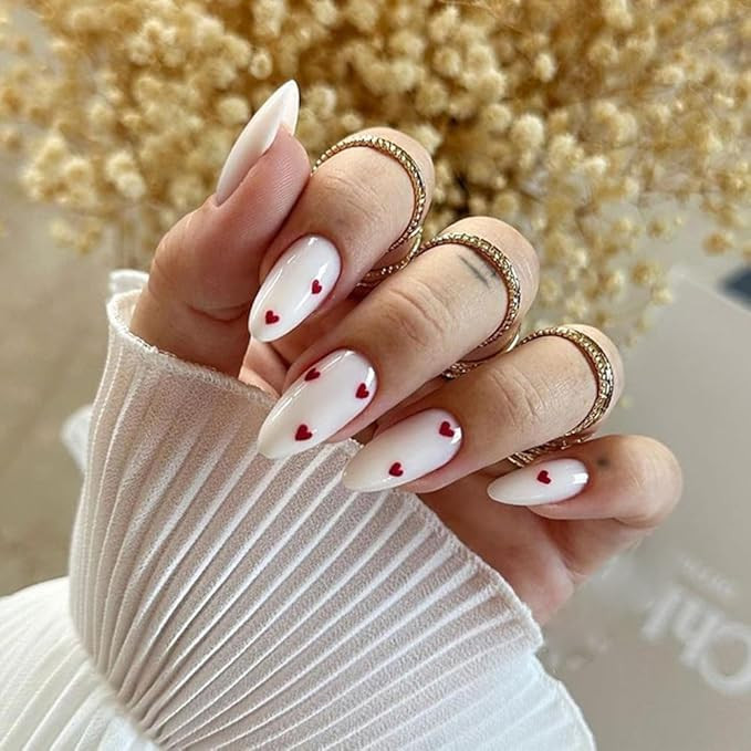 24Pcs Valentines Milky White Press on Nails Medium Almond Fake Nails with Red Heart Design False ... | Amazon (US)