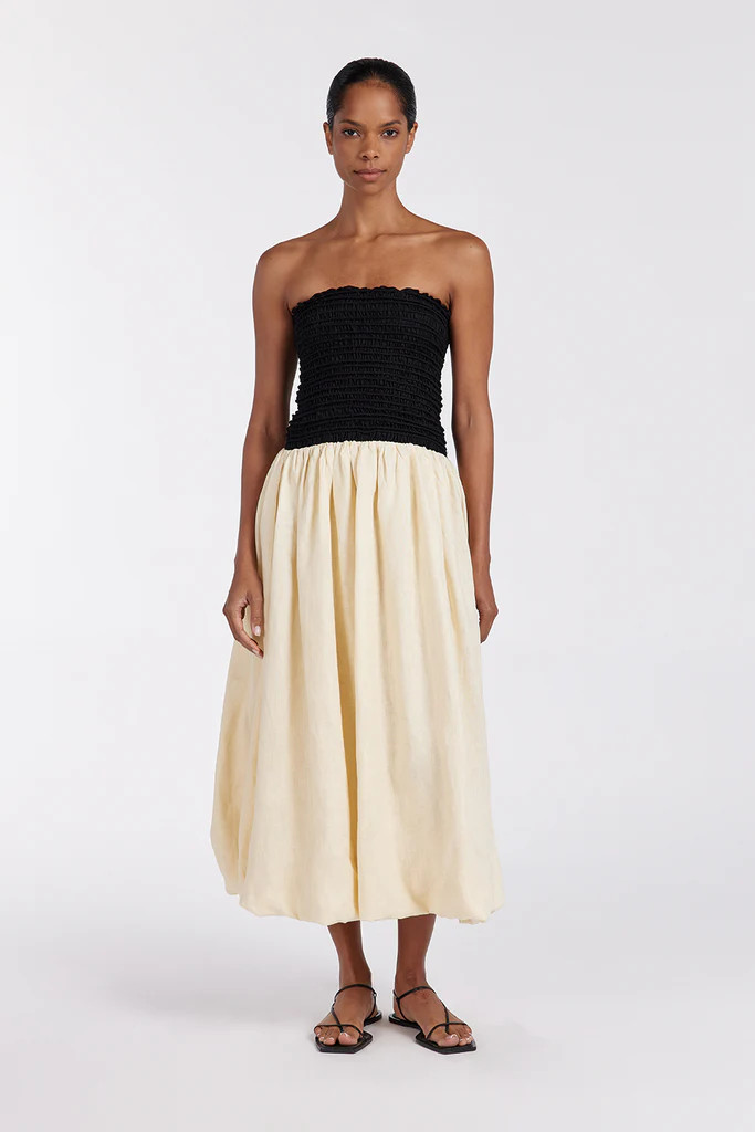 LEN BLACK STRAPLESS MIDI DRESS | DISSH