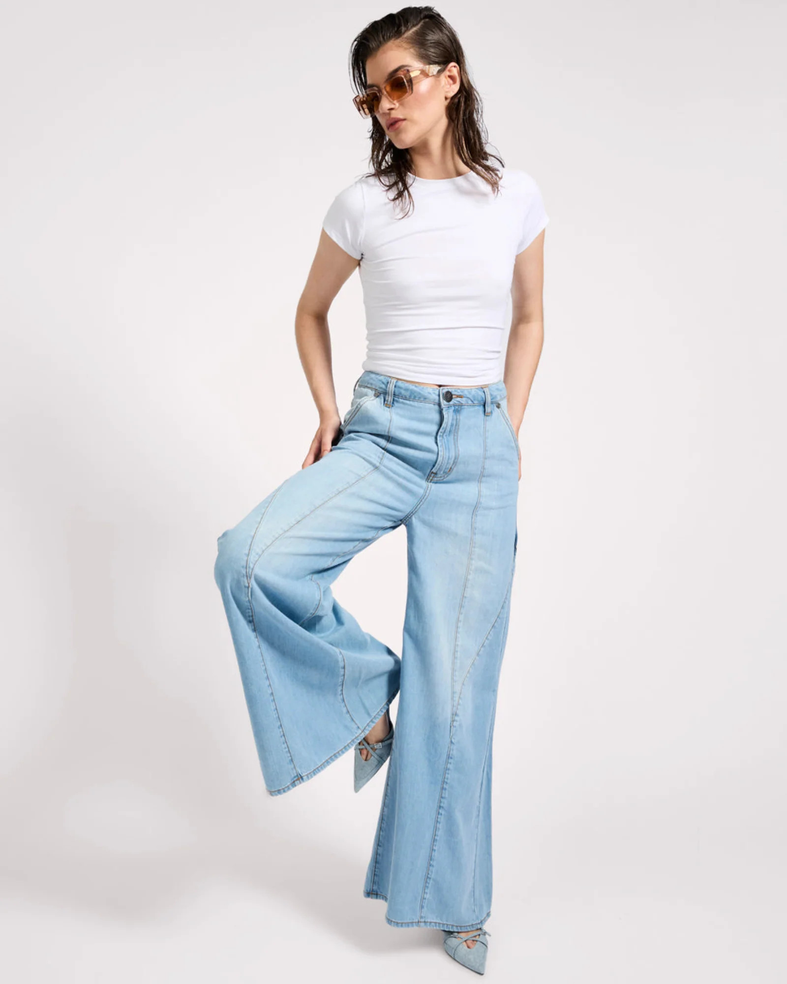 Hollywoods High Waist Wide Leg Denim Jeans - Cool Blue | One Teaspoon | OneTeaspoon