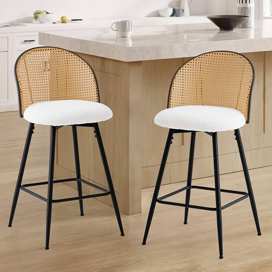 Counter Height Bar Stools Set of 2, 360° Swivel Upholstered Barstools with Rattan Full Back and ... | Amazon (US)