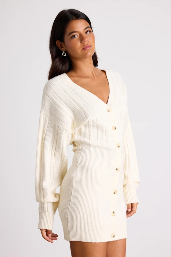 Bowyn Ivory Cable Knit Button-Front Sweater Mini Dress | Lulus