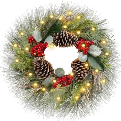Christmas Wreath 20" Christmas Front Door Wreath Ornament With LED Lights Pinecone Berries Artificial Pine Garland For Party Table Fireplaces Porch Wa | Wayfair North America